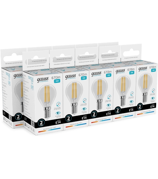 Лампа светодиодная филаментная Gauss Filament 10Вт цок.: E14 шар св. свеч. бел. нейт. (упак.: 10 шт)