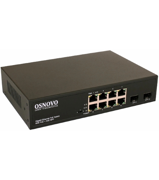 Коммутатор Osnovo Гигабитный PoE коммутатор на 10 портов, 8 *10/100/1000 Base-T PoE, 2*SFP 1000 Base-T, PoE на порт до 30W, суммарно до 150W