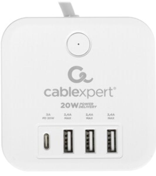 Сетевой фильтр Cablexpert Cube CUBE-3-CU3-W-1.5, 3 р, 10А, 1xType-C PD, 3xUSB, 1.5 м, ур.защиты 4+, белый, коробка