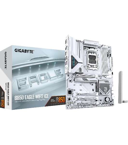 Материнская плата Gigabyte B850 EAGLE WIFI7 ICE, AM5, AMD B850, 4xDDR5, 4xSATA, 3xM.2, 1xPCIe 5.0 x16, 1xPCIe 4.0 x4, 2xPCIe 3.0 x1, 1xDP (v1.4), 1xHDMI, 1x2.5Gb LAN, Wi-Fi 7, Bluetooth 5.4, 1xUSB-C 5Gbps, 2xUSB-A 10Gbps, 2xUSB-A 5Gbps, 4xUSB-A 2.0, 3x3.5 мм, 7.1, ATX