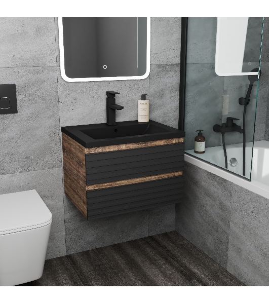 Тумба под раковину Bau Stil Loft black brushed, раковина кварцевая BAU Stil 58, черный металлик