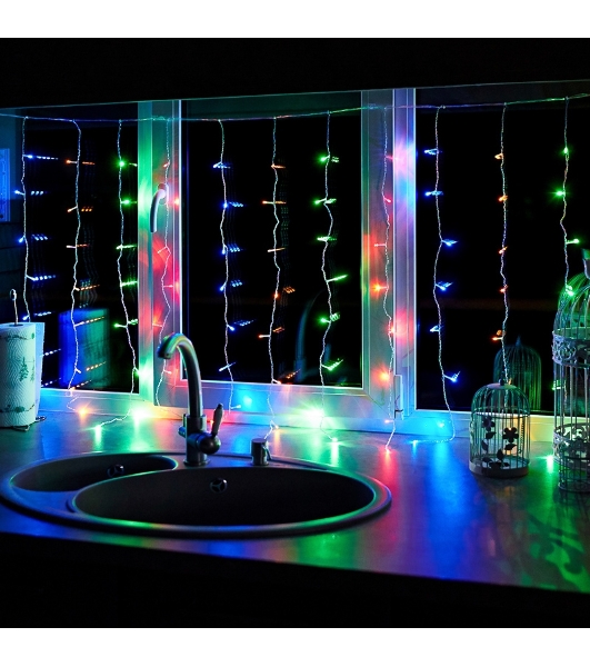 Гирлянда Neon-night 'Светодиодный дождь' с контроллером 1.5х1м 96 LED мульти. прозрачный провод 8Вт 230В IP20