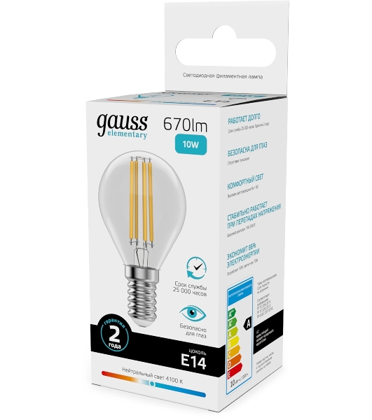 Лампа светодиодная филаментная Gauss Filament 10Вт цок.: E14 шар св. свеч. бел. нейт. (упак.: 10 шт)