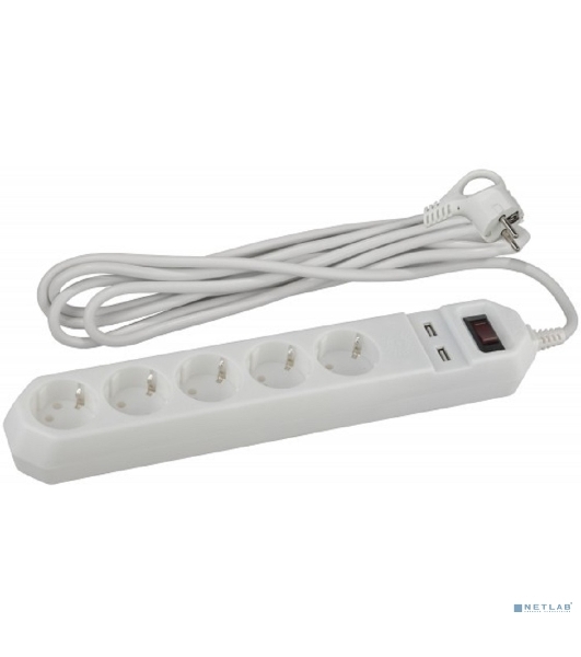 Сетевой фильтр ЭРА белый USF-5es-1.5m-USB-W с заземл 3x0.75мм2 с выкл 5гн+2USB 1.5м
