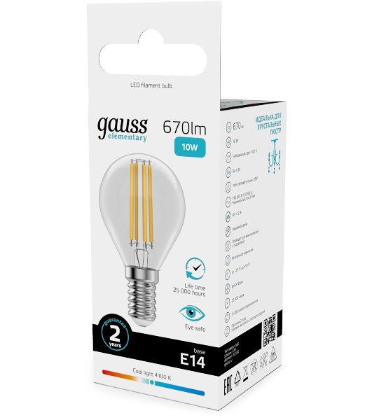 Лампа светодиодная филаментная Gauss Filament 10Вт цок.: E14 шар св. свеч. бел. нейт. (упак.: 10 шт)