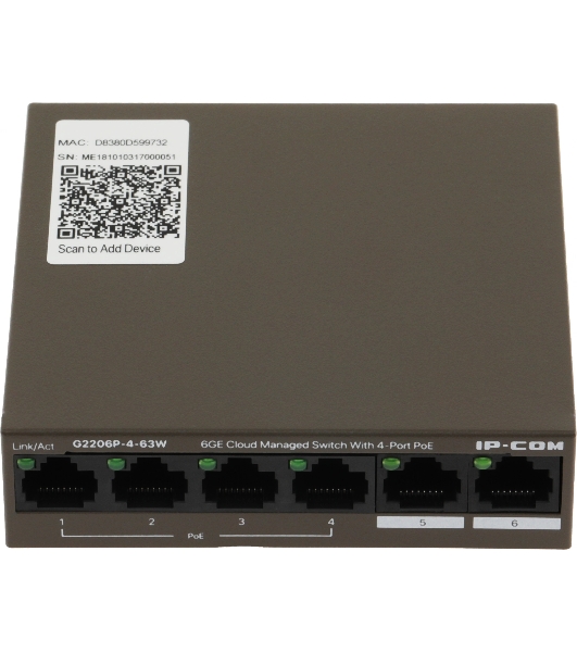 Коммутатор сетевой IP-COM G2206P-4-63W 4x10Base-T/100Base-TX/1000Base-T 2x1000Base-T PoE порты 4 Количество портов PoE+ 4 G2206P-4-63W