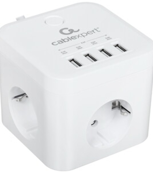 Сетевой фильтр Cablexpert Cube CUBE-3-U4-W-1.5, 3 р, 10А, 4хUSB, 1.5 м, ур.защиты 4+, белый, коробка