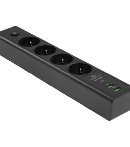 Сетевой фильтр Cablexpert Exnovo, EXN-4-CU2-B-2, 4р,16А, 1xType-C PD, 30Вт, 2хUSB, 2 м, ур. защиты 4+, черный, коробка