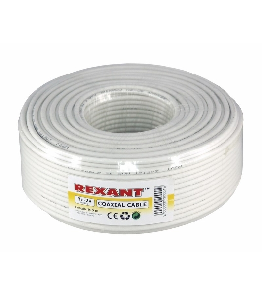 Кабель коаксиальный Rexant 3С-2V, 75 Ом, CCS/Al/Al, 48%, бухта 100 м, белый