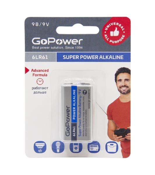 Батарейка GoPower Крона 6LR61 BL1 Alkaline 9V (1/10/240)