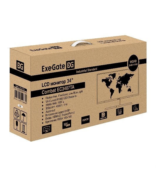 Монитор 34' ExeGate Combat EC3407TA VA 3440x1440, 165 Гц, 1 мс, 21:9, 300 кд/м², HDMI 2.0, DP 1.2, 3.5 Jack, FreeSync, изогнутый экран (1800R), черный