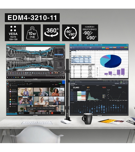 Кронштейн для четырех мониторов 13'-32' настольный ExeGate EDM4-3210-11 (VESA 75x75, 100x100, макс.нагрузка 4х10 кг, наклон -90°/+90°, поворот -90°/+90°, вращение 360°, 2 способа крепления: сквозное и струбцина, цвет черный)