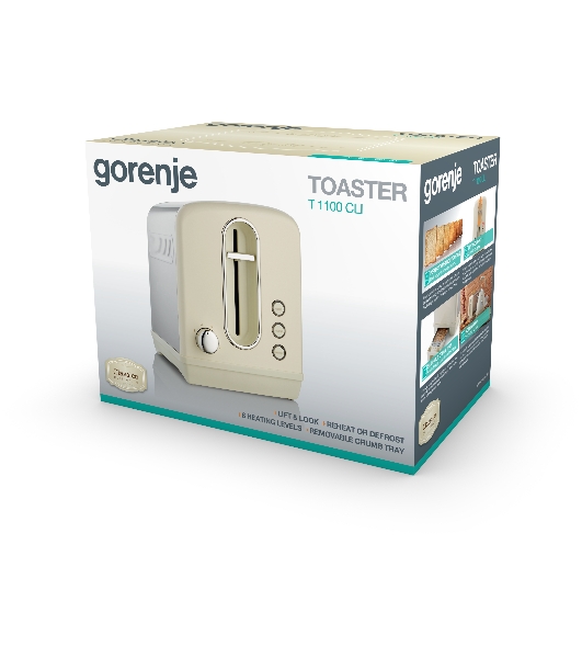 Тостер Gorenje T1100CLI бежевый/серебристый, 950 Вт, 2 слота