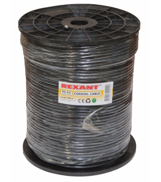 Кабель коаксиальный Rexant RG-6U, 75 Ом, CCS/Al/Al, 64%, бухта 305 м, черный OUTDOOR