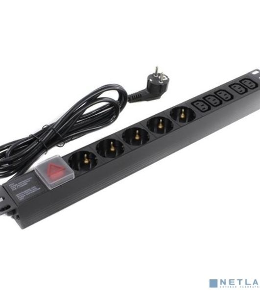 Блок розеток горизонтальный ExeGate ServerPro PDU-19H009 Al-5C135S-EU2.5-SW, 19', 1U, Алюминий, 5 IEC 320 C13, 5 Schuko, кабель с евровилкой VDE-250V-16A-3*1.5мм2, 2.5 метра, выкл. с подсветкой, черный