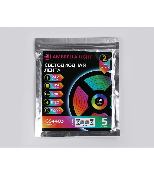 Светодиодная лента Ambrella light GS4403 5050 60Led/ 10W m/ 24V IP20 RGBW+6500K/ 5000*10*1.87mm (5 конт.)