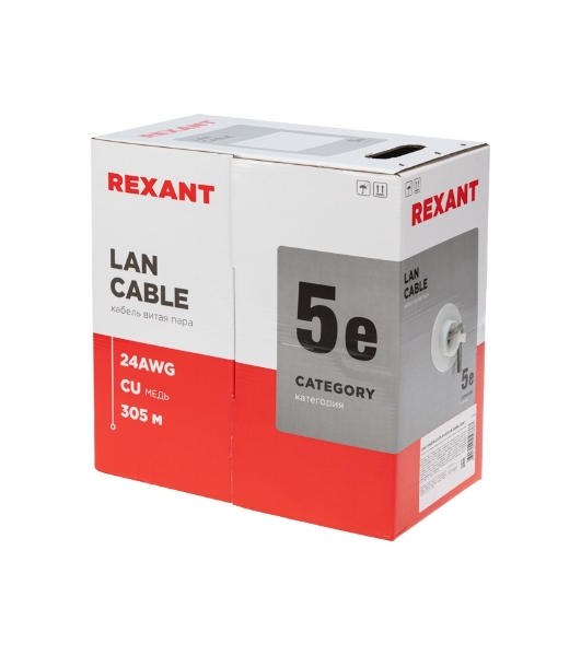 Кабель витая пара Rexant LIGHT U/UTP, cat.5e, ZH нг(А)-HF, 4PR, 24AWG, внутренний, серый, 305 м