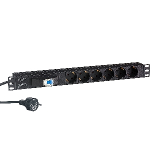 Блок розеток горизонтальный ExeGate ServerPro PDU-19H610 Al-6S-EU2.5-1P, 19', 1U, Алюминий, 6 Schuko, кабель с евровилкой VDE-250V-16A-3*1.5мм2, 2.5 метра, защита от перегрузки, черный