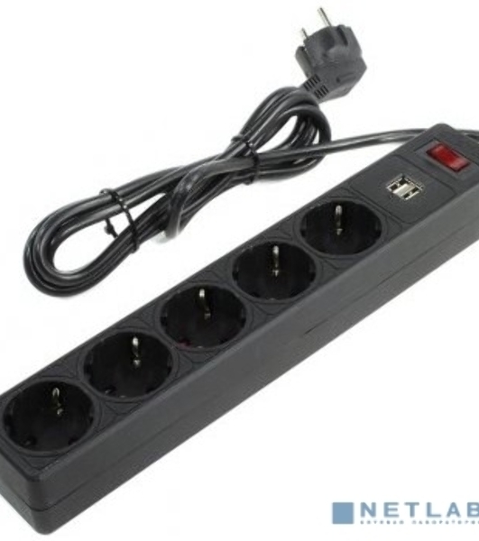 Сетевой фильтрSmartbuy SBSP-18U-K с USB, 10А, 2 200 Вт, 5 розеток, длина 1,8 м, черный (SBSP-18U-K)/45