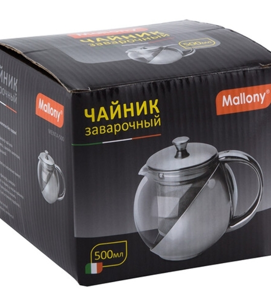 Чайник заварочный MALLONY Menta-500 из нержавеющей стали и жаропрочного стекла, 0.5 л.