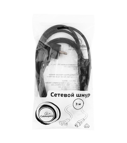 Кабель питания Cablexpert PC-186-VDE-3M, 3м, Schuko- C13, VDE, 10А, Сечение провода: 0,75 мм2, черный, с заземлением
