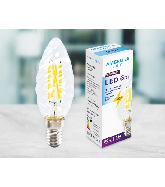 Светодиодная лампа Ambrella light 202124 Filament LED C35 6W E14 4200K (50W) 220-240V