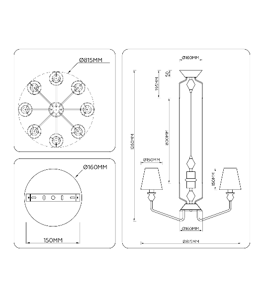 Люстра Ambrella light LH75403/8 GD/GR золото/серый E14*8 max 40W D815*1260