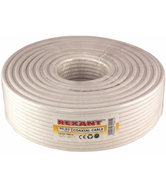 Кабель коаксиальный Rexant RG-6U, 75 Ом, CCS/Al/Al, 64%, бухта 100 м, белый