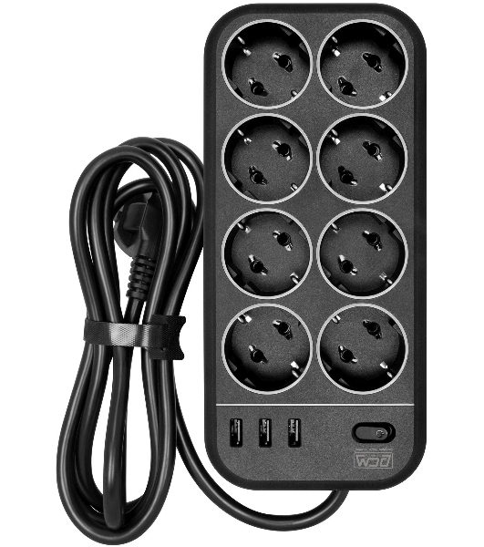 Сетевой фильтр Powercom SP-08 USB03AB 3,0 m 3.0м, 8 розеток, черный, коробка