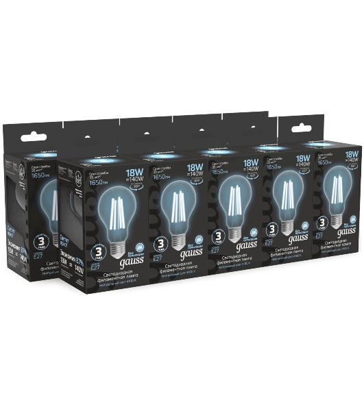 Лампа светодиодная филаментная Gauss Filament 18Вт цок.:E27 груша св.свеч.бел.нейт. (упак.:10шт)
