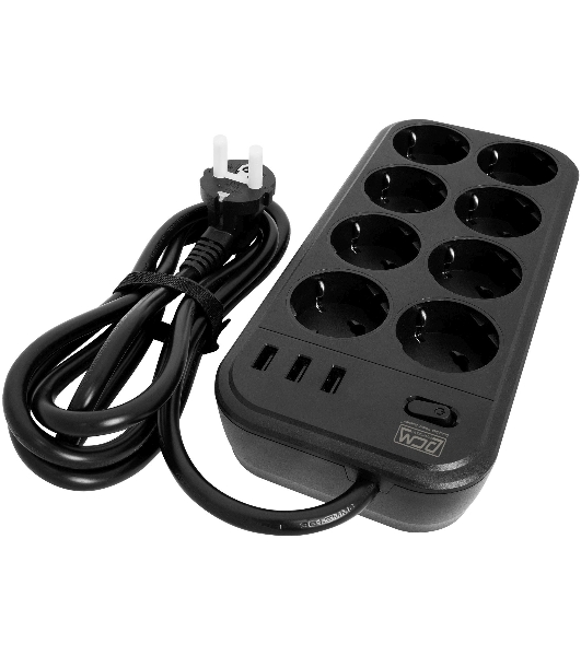 Сетевой фильтр Powercom SP-08 USB03AB 3,0 m 3.0м, 8 розеток, черный, коробка