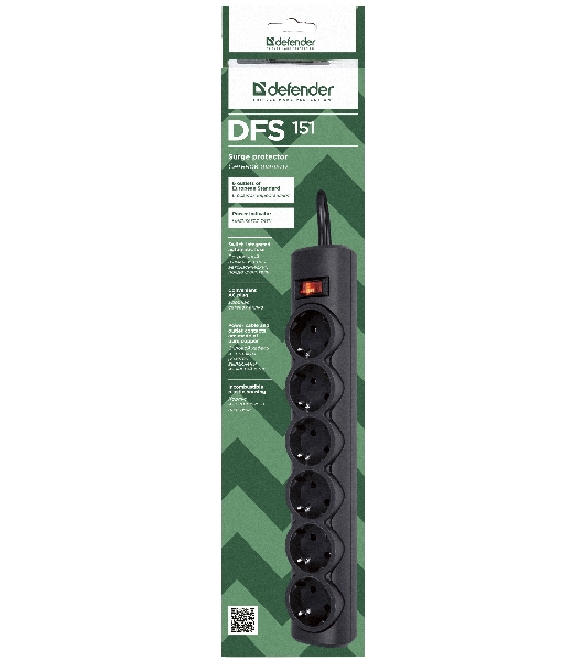 Сетевой фильтр Defender DFS 151 1.8 m, 6 розеток, черный