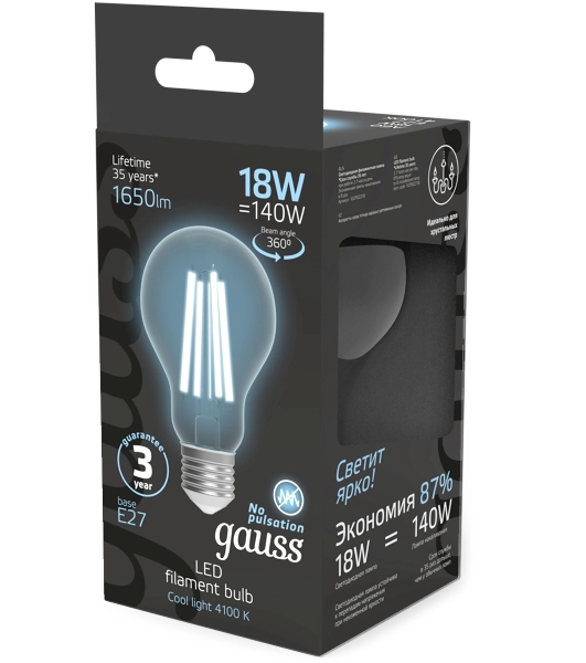 Лампа светодиодная филаментная Gauss Filament 18Вт цок.:E27 груша св.свеч.бел.нейт. (упак.:10шт)
