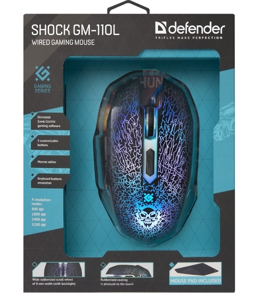 Мышь проводная Defender Shock GM-110L черный, 3200 dpi, USB, кнопки - 6