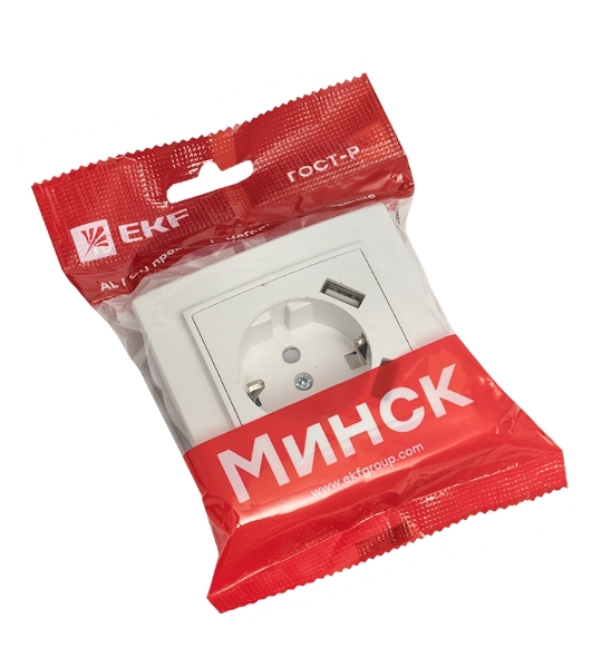 Розетка 1-местная СП с/з 16А белая с защ. штор. с 2 USB 2,1А EKF Минск