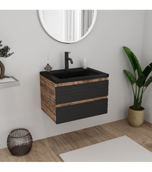 Тумба под раковину Bau Stil Loft black brushed, раковина кварцевая BAU Stil 58, черный металлик