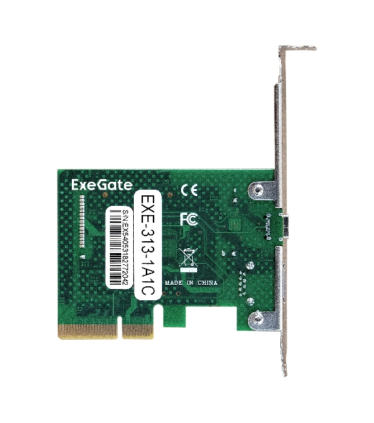 Контроллер ExeGate EXE-313-1A1C (PCI-E x4 v3.0, USB3.2 Gen2 1xType-A + 1xType-C ext., SuperSpeed+ скорость до 10 Гбит/с, разъем доп.питания, ASMedia Chipset ASM3142)