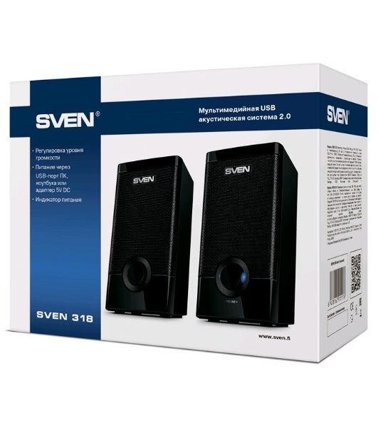 Колонки SVEN 318 черный USB-порт ПК, ноутбука или адаптер 5V DC