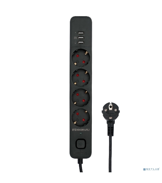Сетевой фильтр Гарнизон 2.0 Мультипорт EPS-4-U3-B-2, 4 р, 10А, 3xUSB, 2 м, ур.защиты 2+, черный, пакет