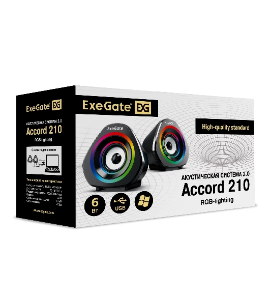 Акустическая система 2.0 ExeGate EX289680RUS Accord 210 (питание USB, 2х3Вт (6Вт RMS), 60-20000Гц, черный, RGb подсветка)