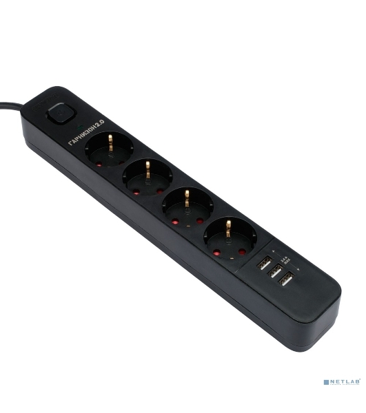 Сетевой фильтр Гарнизон 2.0 Мультипорт EPS-4-U3-B-2, 4 р, 10А, 3xUSB, 2 м, ур.защиты 2+, черный, пакет