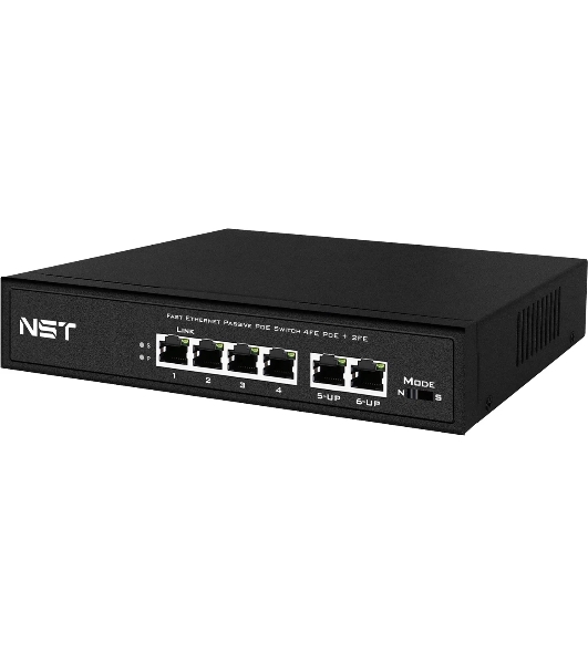 Passive PoE коммутатор Fast Ethernet на 6 портов. Порты: 4 х FE (10/100 Base-T, 52V 4,5(+) 7,8(–)) совместимы с PoE (IEEE 802.3af/at), 2 x FE (10/100 Base-T) Uplink. Совместим со стандартами PoE IEEE 802.3af/at. Мощность PoE на порт - до 30W. Поддержка режима CCTV: Увеличение расстояния передачи данных и питания до 250м. Встроенная грозозащита 3кВ. Питание: AC100-240V (80W) Встроенный БП. Размеры (ШхВхГ): 168x32x93мм. Рабочая температура: 0...+50 гр. С