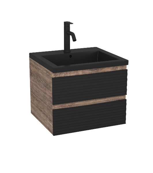 Тумба под раковину Bau Stil Loft black brushed, раковина кварцевая BAU Stil 50, черный металлик, смеситель Dream Black, черный
