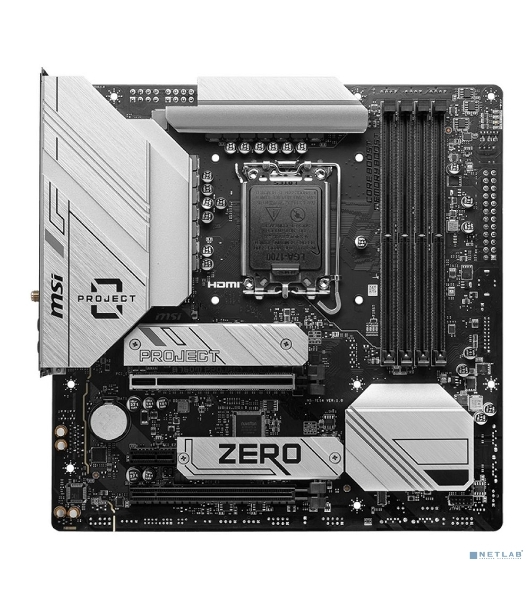 Материнская плата MSI B760M PROJECT ZERO,(Обратное подключение разъемов) LGA 1700, Intel B760, 4xDDR5, 4xSATA, 2xM.2, 1xPCIe 5.0 x16, 1xPCIe 4.0 x4, 1xPCIe x1, 1xHDMI, 1xDP, 3xUSB 3.2 Gen 2, 4xUSB 2.0, 1xUSB 3.2 Gen 2x2, 1x 2.5Gb LAN, 5x3.5 мм, 7.1, mATX