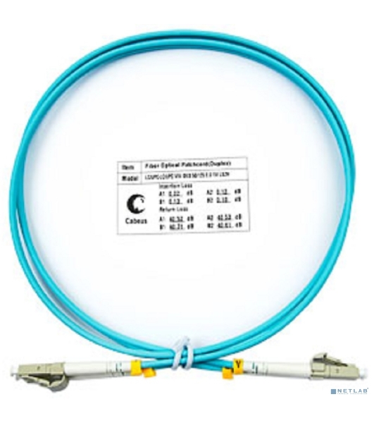 Коммутационный шнур оптический Cabeus Tight Buffer, Duplex LC/LC, OM3 50/125, LSZH, 1м, d= 3мм, серый хвостовик, аква