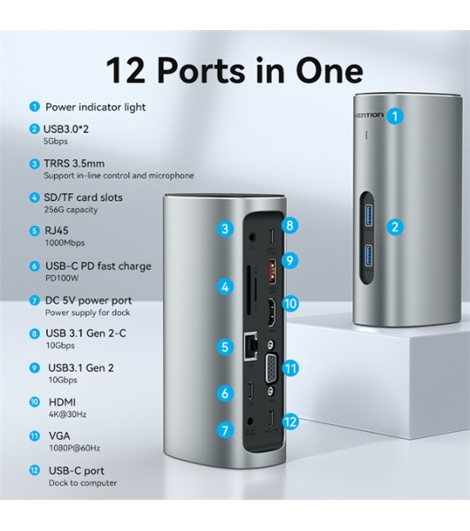 Док-станция Vention TPJH0-EU, USB Type-C, HDMI/VGA/USB/RJ45/SD/3.5мм/PD/DC, USB Type-C