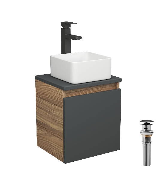 Тумба Bau Dream Blackwood 35 с ящиком, графит, раковина BAU Mini 24х24, смеситель для раковины высокий Hotel Black, черный, выпуск клик клак, черный
