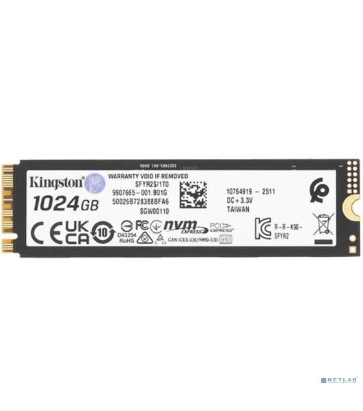 Накопитель SSD Kingston Fury Renegade, 1Tb, M.2(22x80мм), NVMe, PCIe 5.0 x4, 3D TLC, R/W 14200/11000Mb/s, IOPs 2 200 000/2 150 000, TbW 1000, DWPD 0.5 (12 мес)