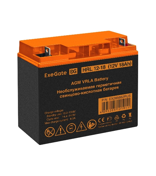 Аккумуляторная батарея ExeGate EX285662RUS HRL 12-18 (12V 18Ah, клеммы F3 (болт М5 с гайкой))