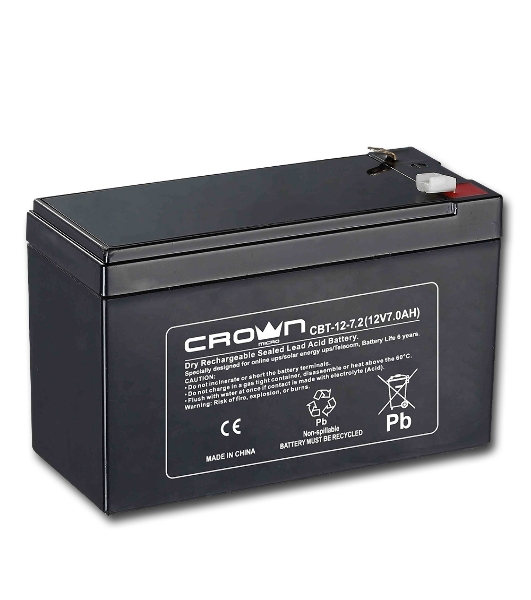 Батарея для ИБП CROWN CBT-12-7.2 (напряжение 12В, емкость 7.2 А/Ч, разм 151х65х100 мм, вес 2,1 кг, тип клеммы - F2, 5 лет)